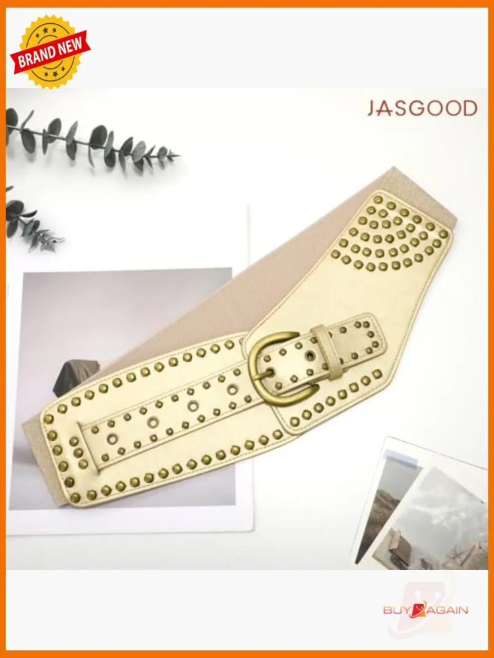 Vintage Wide Elastic Waist Belt with Studs Rivets Metal Buckle Stretchy